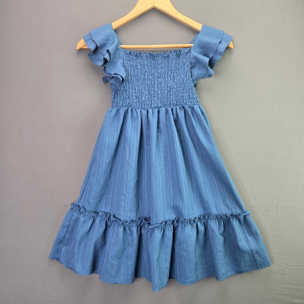 SHEIN Girls Dress Flutter Sleeve Smocked Ruffle Hem Size 7Y Blue Summer Boho
